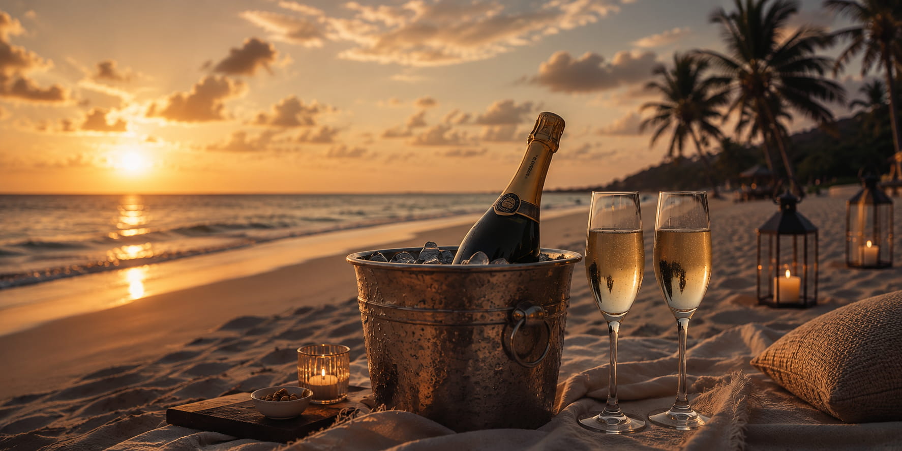 Champagne on the beach at sunset