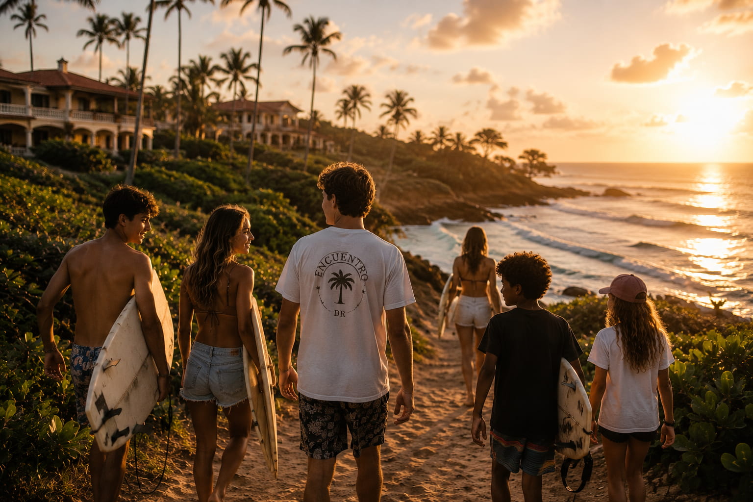 Young guests heading to the beach at sunset