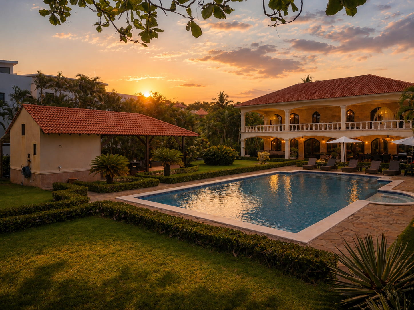 Villa Valesta pool and gardens at sunset